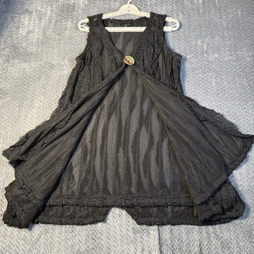 Kaktus Women's Vest Small Textured Sheer‎ Open Front Black Snap Button Lagenlook